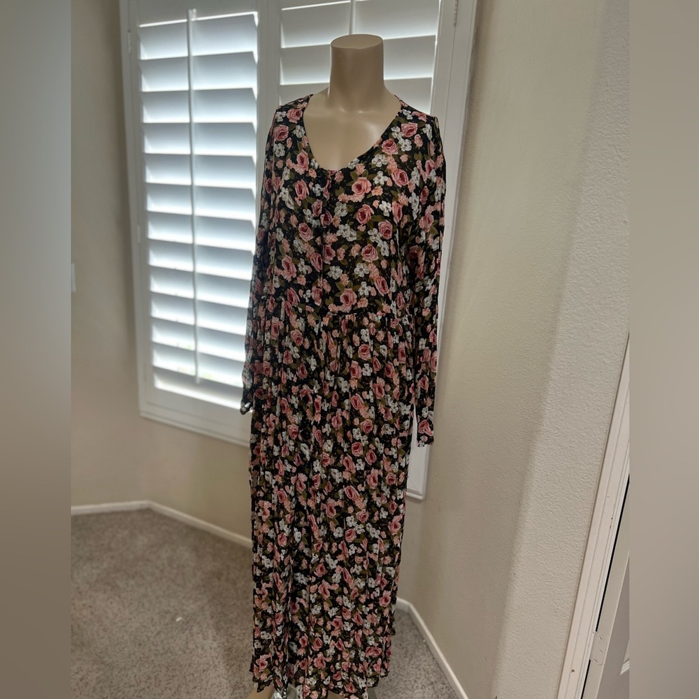Vintage Brown Ditsy floral Button through cottagecore  boho‎ see through dress M